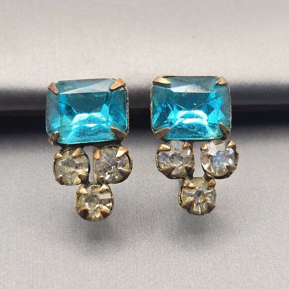 Vintage Aquamarine & Clear Paste Earrings | Screw-Back Glam Statement Jewelry - Picture 1 of 11